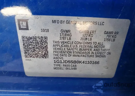 2019 Chevrolet Sonic Lt из США, поврежденный, VIN 1G1JD5SB0K4110166